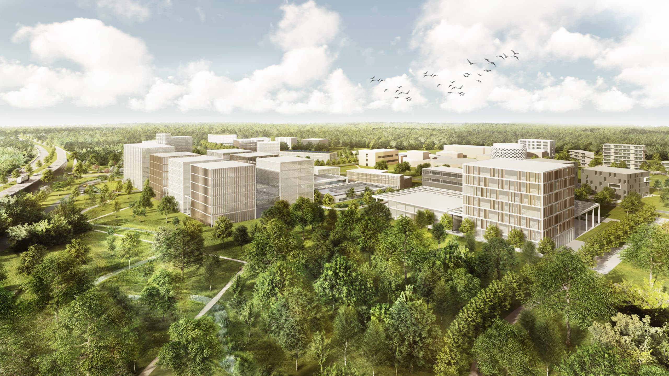 Render Health Campus met hoge gebouwen en groen